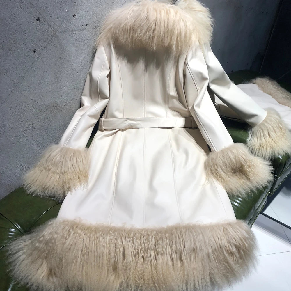 Winter Suede Long Fur Coat Mongolia Long Sheep Fur Collar New Arrival Camel Fur Jacket