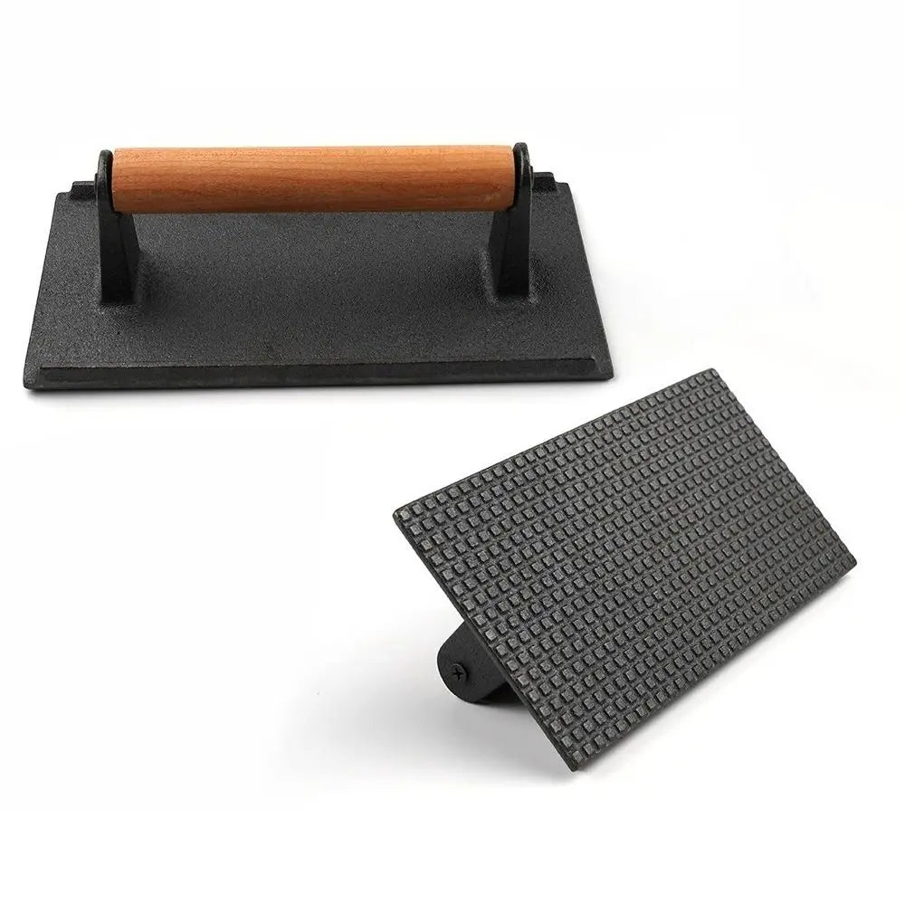 Cast Iron Meat Press Board Heavy-Duty Flat Top Steak Burger Press Wooden Handle Round Rectangular Grill Hamburger Grinder