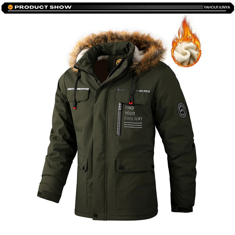 2026Winter Men Outwear Fleece Warm Removable Hooded Hiking Jacket Men Outdoor Windproof Casual Fashion Jacket Coat Male Clothing