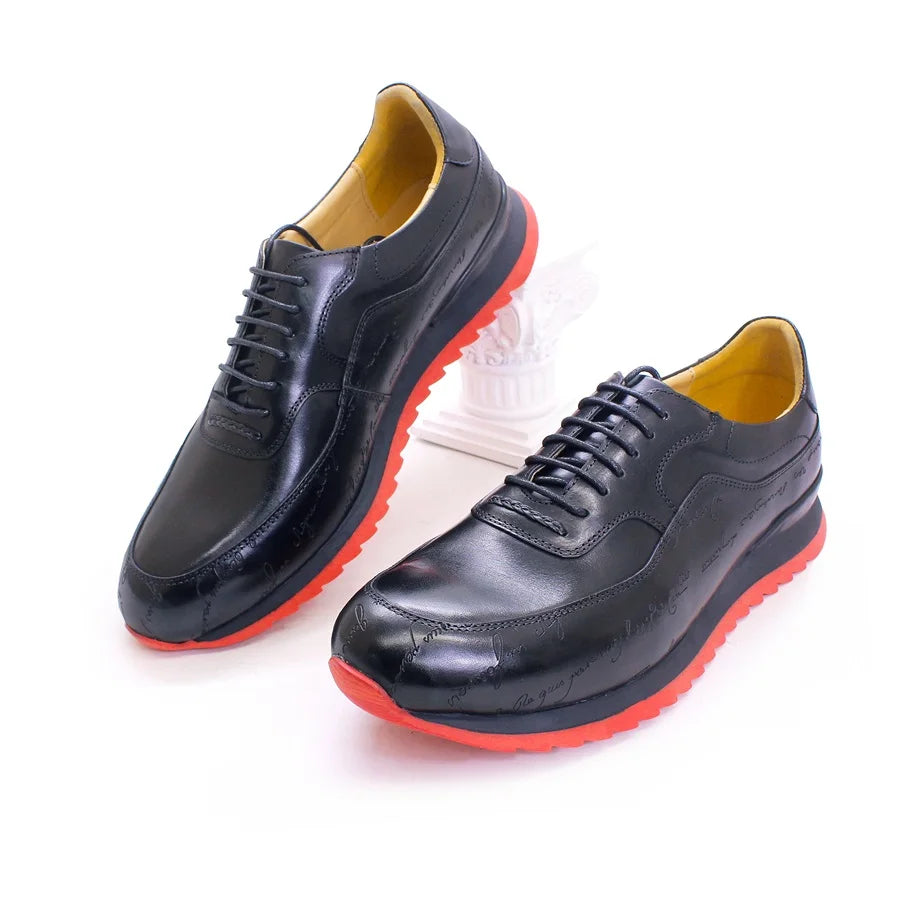 Genuine Leather Men's Sneakers Lace Up Handmade Heightening Men's Shoes Streamline Fashion Comfortable Casual Shoes Party Shoes
