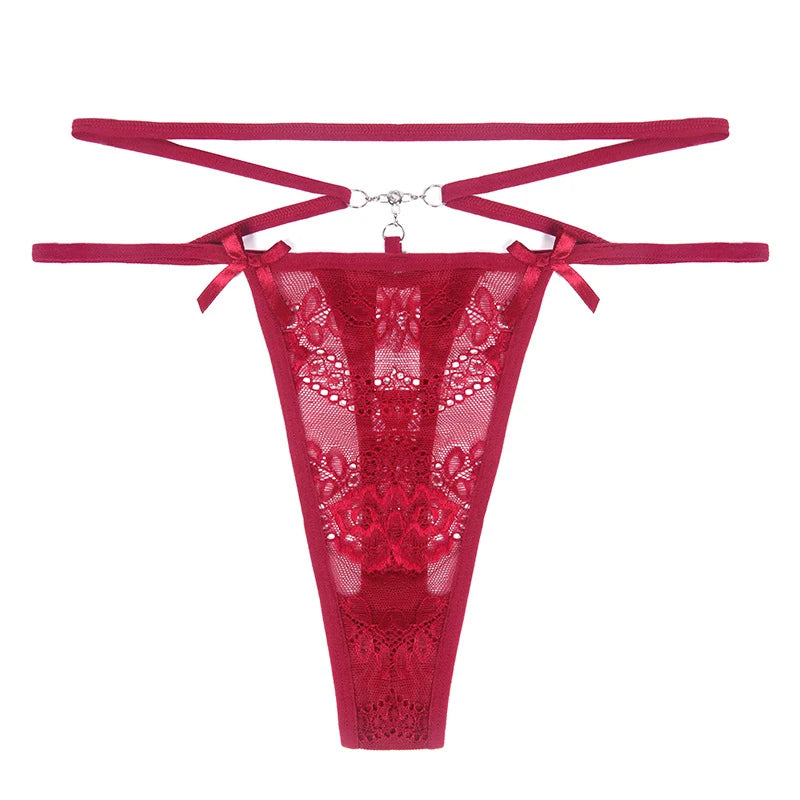 Thongs Women Hollow Out Lace G-string Lingerie Semi-Sheer Low Rise Ladies Perspective Bow Knickers