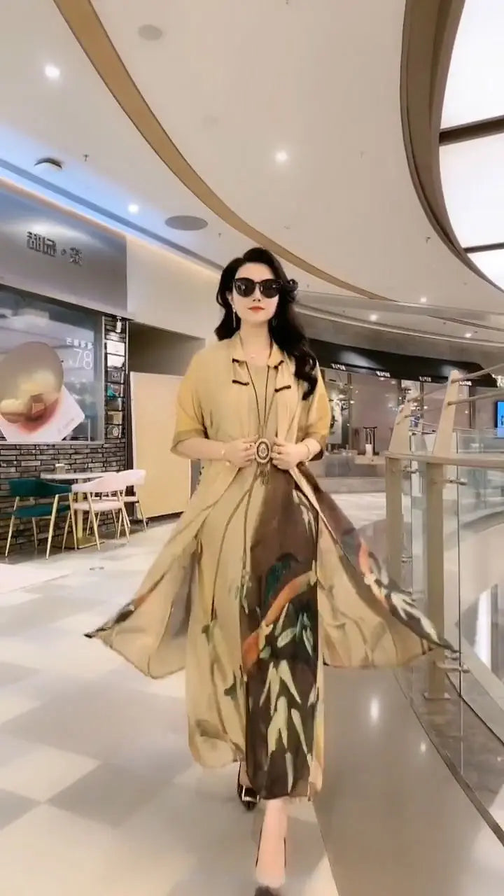 Authentic Silk Dress for Mother, Silkworm Loose Dress, High-End Print, 2-Piece Dress, Women's Dresses, Spring, Summer, New, 2023