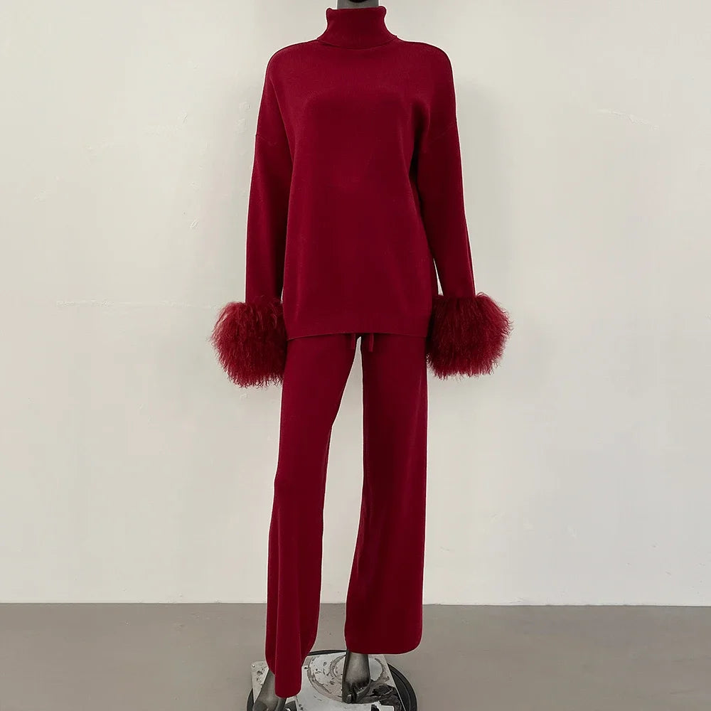 Coat Women Knitted Suit Women's Sweater Set Real Mongolian Sheep Fur Cuffs High Quality Wool & Blend Knitted Pullover and Pants