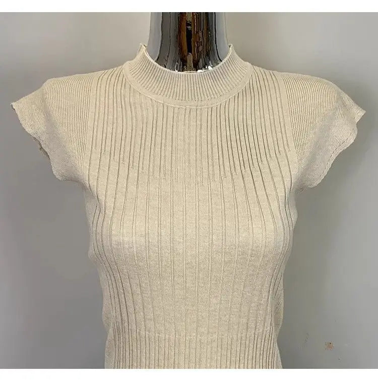 Summer Ribbed Knitted Sexy Women Tops Fashion Turtleneck White Black Tshirt Casual Sleeveless Vest Women's Tank Top Clothing