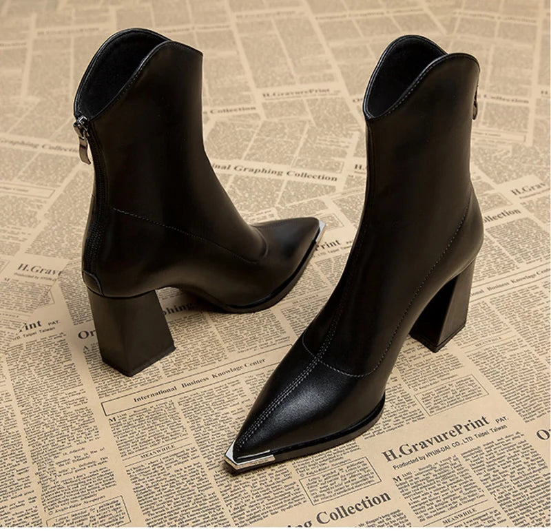 Pointed Toe Women's Ankle Boots Fashion Back Zippers Short Botas Ladies Elegant Square High Heel Winter Women's Footwear