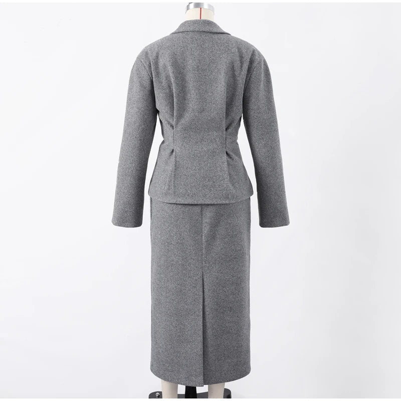Elegant Women Solid Woolen Blazer Coat Skirt Suits Fashion Lapel Long Sleeves Overcoat Slim Hip Package Long Skirts Lady Outfits