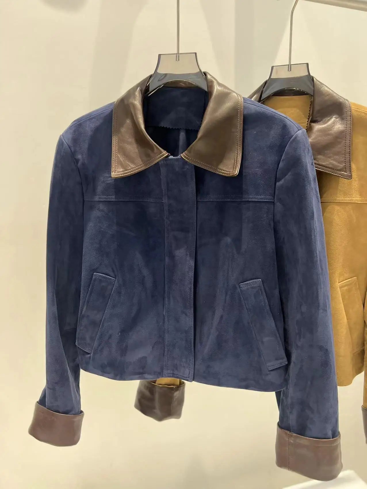 European Imported Suede Jacket Women 2025 Autumn Winter Branded New Contrasting Leather Coat Navy Blue Short Locomotive Casacos