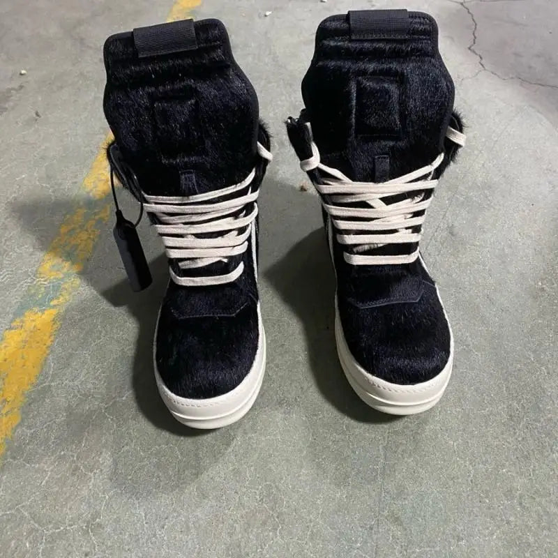 Ro Luxury Men Ankle Boot Black Horsehair Boots Women Sneaker Horse Hair High Top Shoe  Casual Shoes Zipper Sneakers