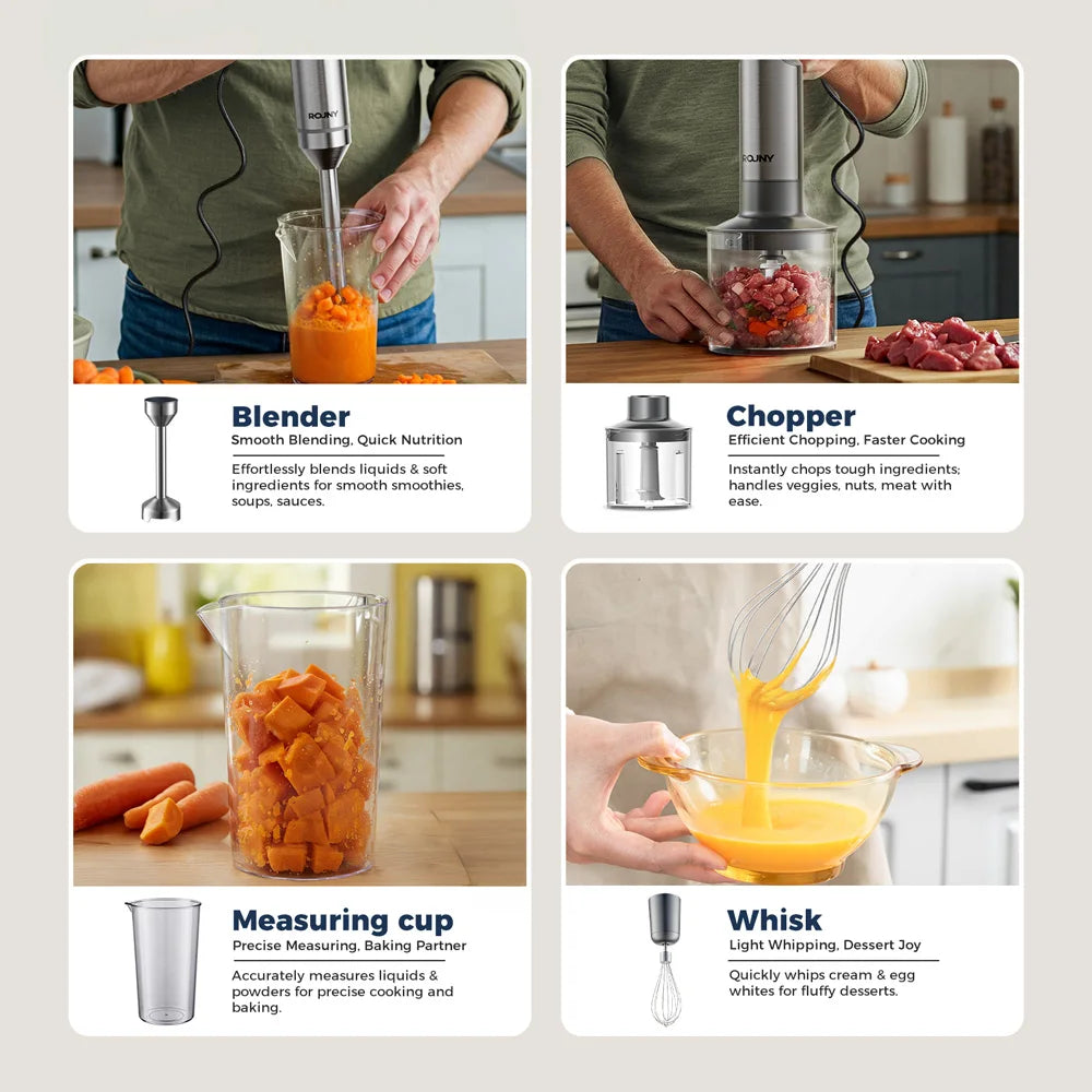 Hand Immersion Blender 1000W Powerful 4-in-1,Stainless Steel Stick Food Mixer,700ml Mixing Beaker,500ml Processor,Whisk