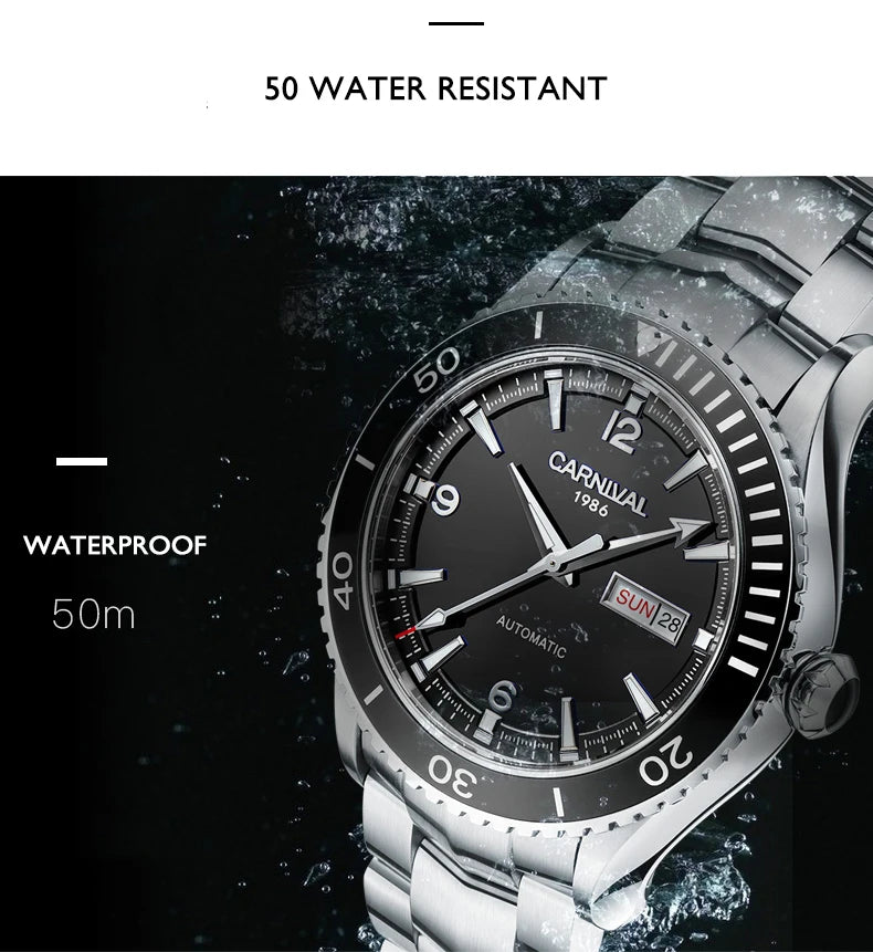 I&W Men Automatic Watch 41mm Mechanical Wristwatch 50M Waterproof Luminous Sapphire Mirror Dual Calendar Week Date
