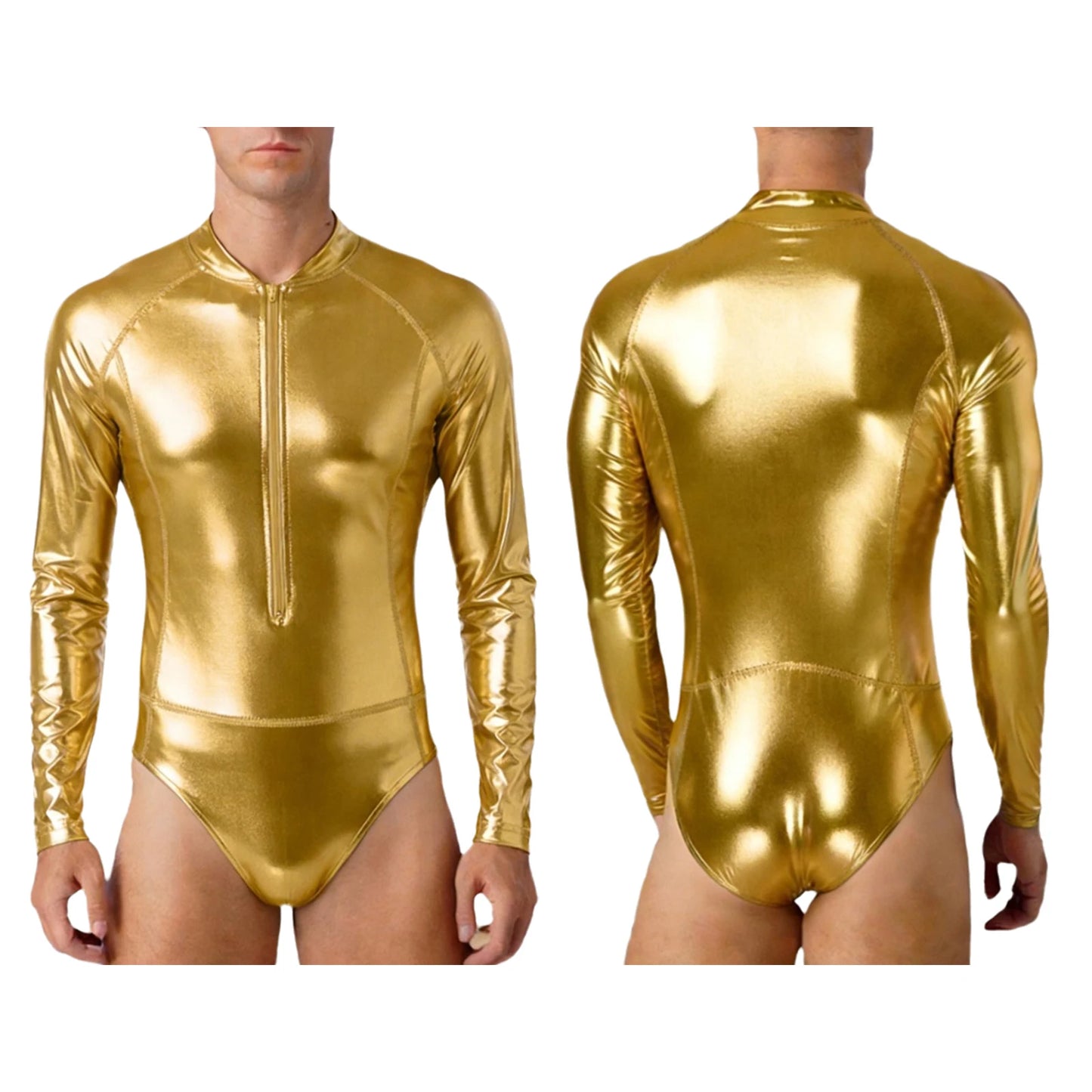 Mens Bathing Suits Swimsuits Metallic Shiny Bodysuit Long Sleeve One-piece for Nightclub Jazz Dance Beach Gymnastics Leotard