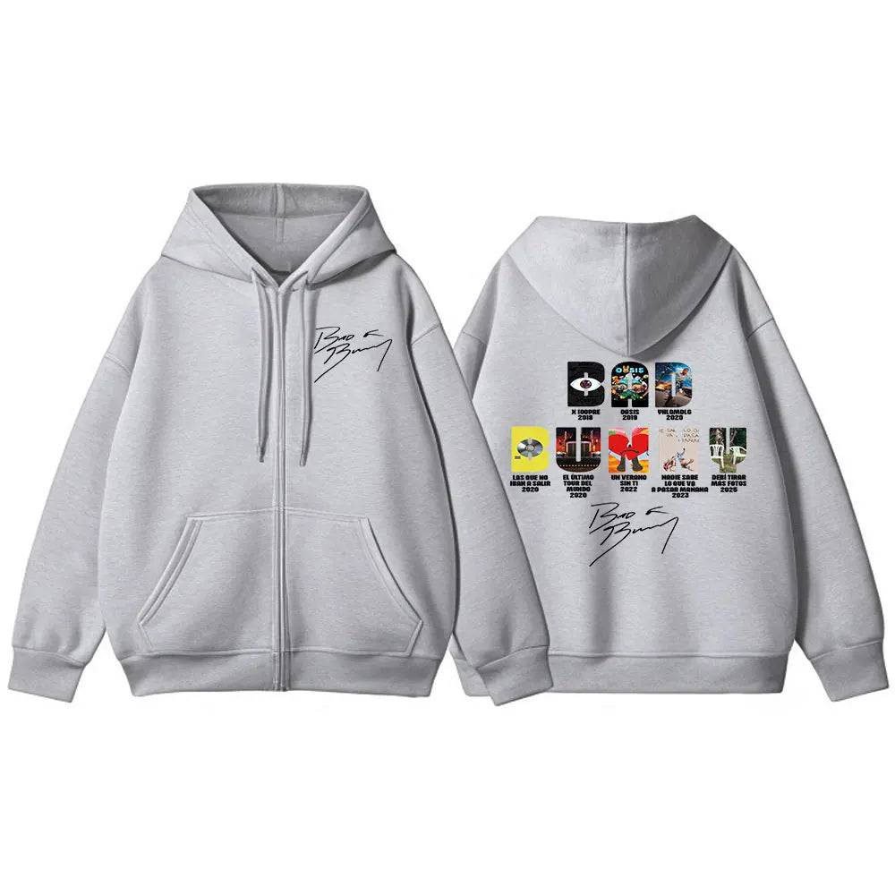 Rapper Bad Bunny Music Album Cover Print Zipper Hoodies Men Women Clothing Hip Hop Zip Up Sweatshirts Long Sleeve Hoodie Jackets
