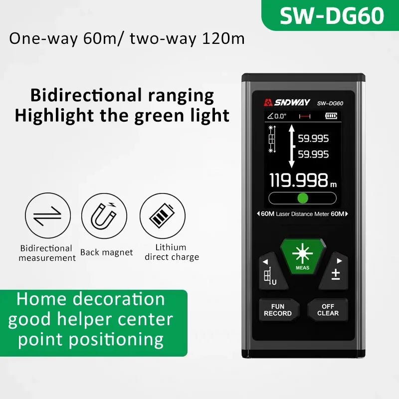 SW-DR/DG Series 2 Way Laser Measure Meter Rangefinder Red/Green Laser Distance Meter 60M/100M Digital Rechargeable Range Finder