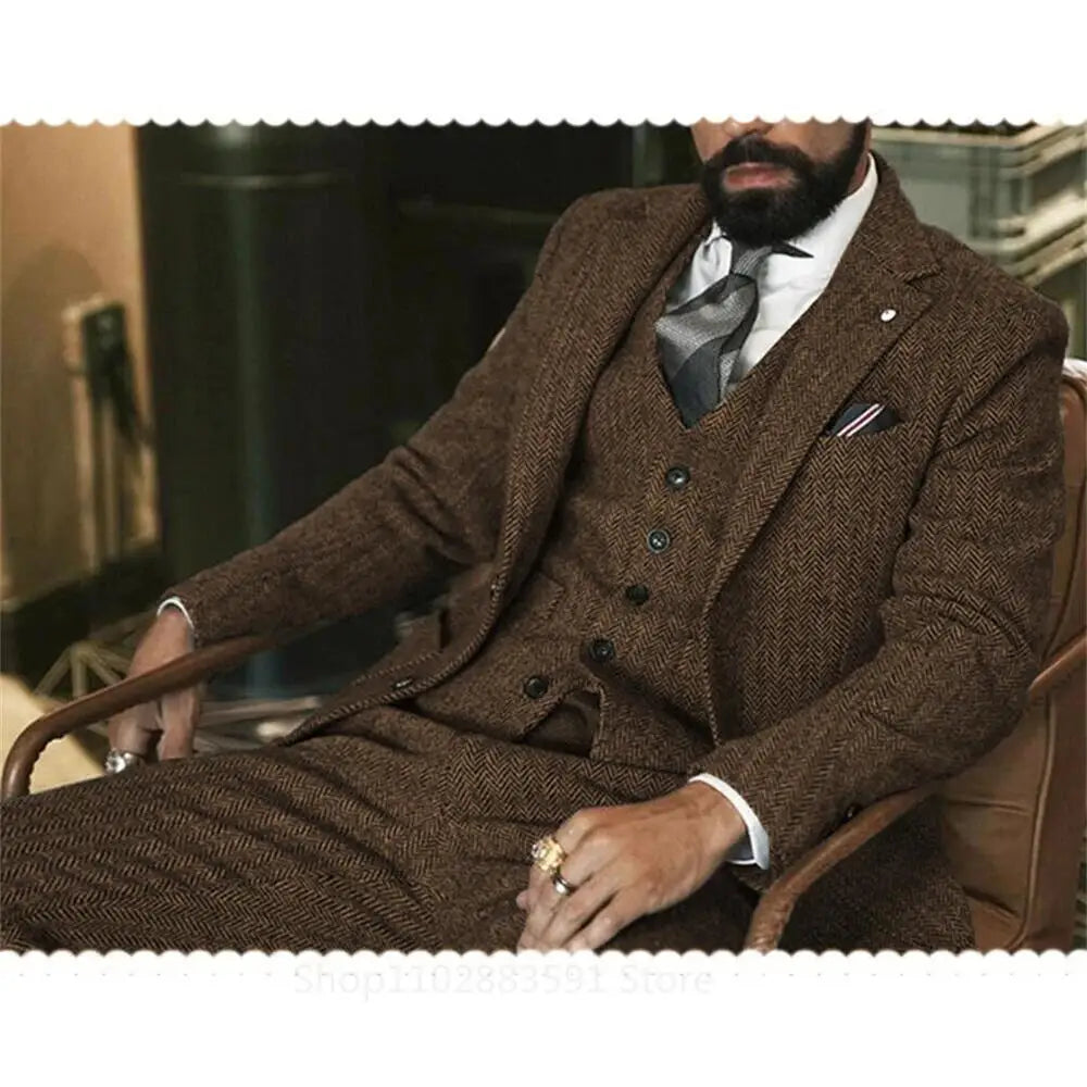 Brown Wool Tweed Winter Men Suit's For Wedding Formal Groom Tuxedo Herringbone Male Fashion 3 Piece Suits (Jacket+Vest+Pants)