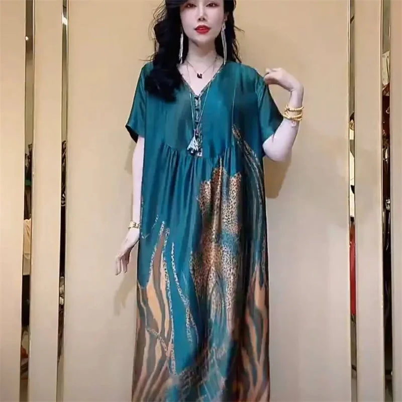 High end brand Ice silk dress 2025 Summer New Style Stylish and Fashionable Covering Belly Slim Women's French Silk Long Dress