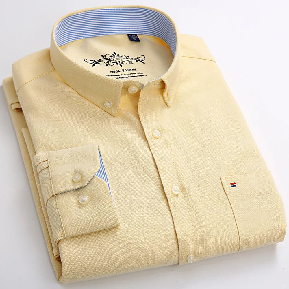 Men's Fashion Long Sleeve Oxford Work Shirt Single Patch Pocket Simple Design Embroidered Regular-fit Casual Button-down Shirts