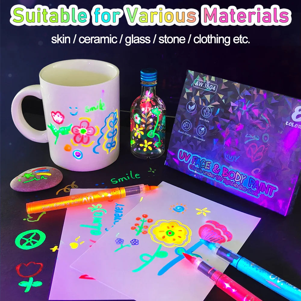8 Glow in the Dark Body Paint UV Neon Face Paint Pens with 93 Tattoo Stencil Designs for Halloween Carnival Christmas Festival