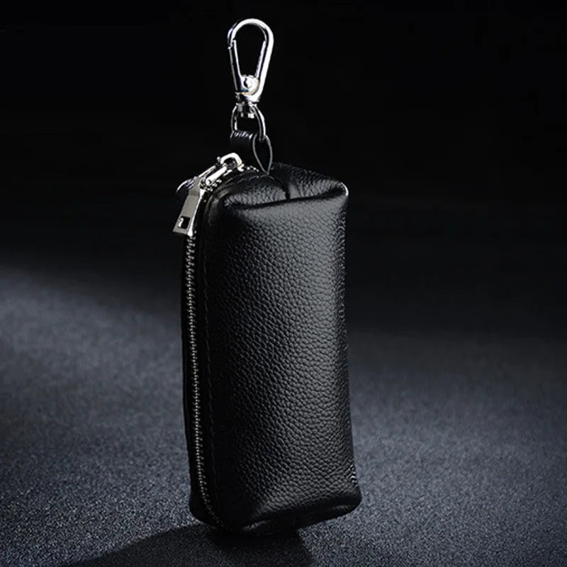 Genuine Leather Key Holder - Unisex Car/House Key Organizer Pouch with Long Keychain, Cow Split Leather Wallet Case