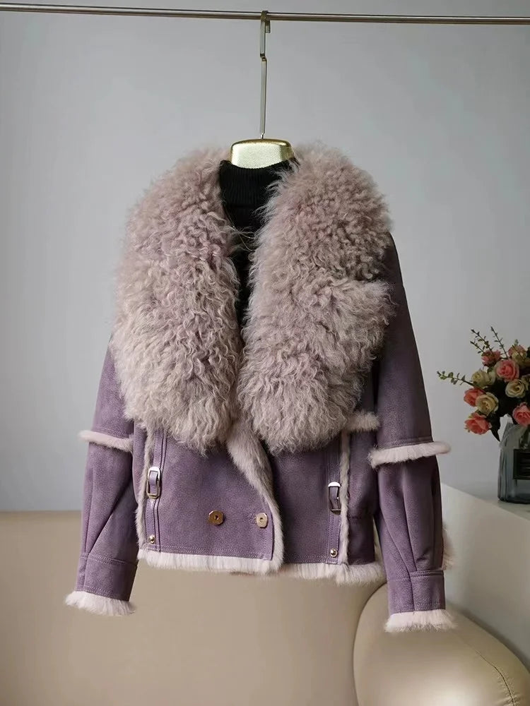2024 autumn and winer short fur wmen's shepskin jacket tnned suede fbric 100% natral rbbit fur lining women's wool collar