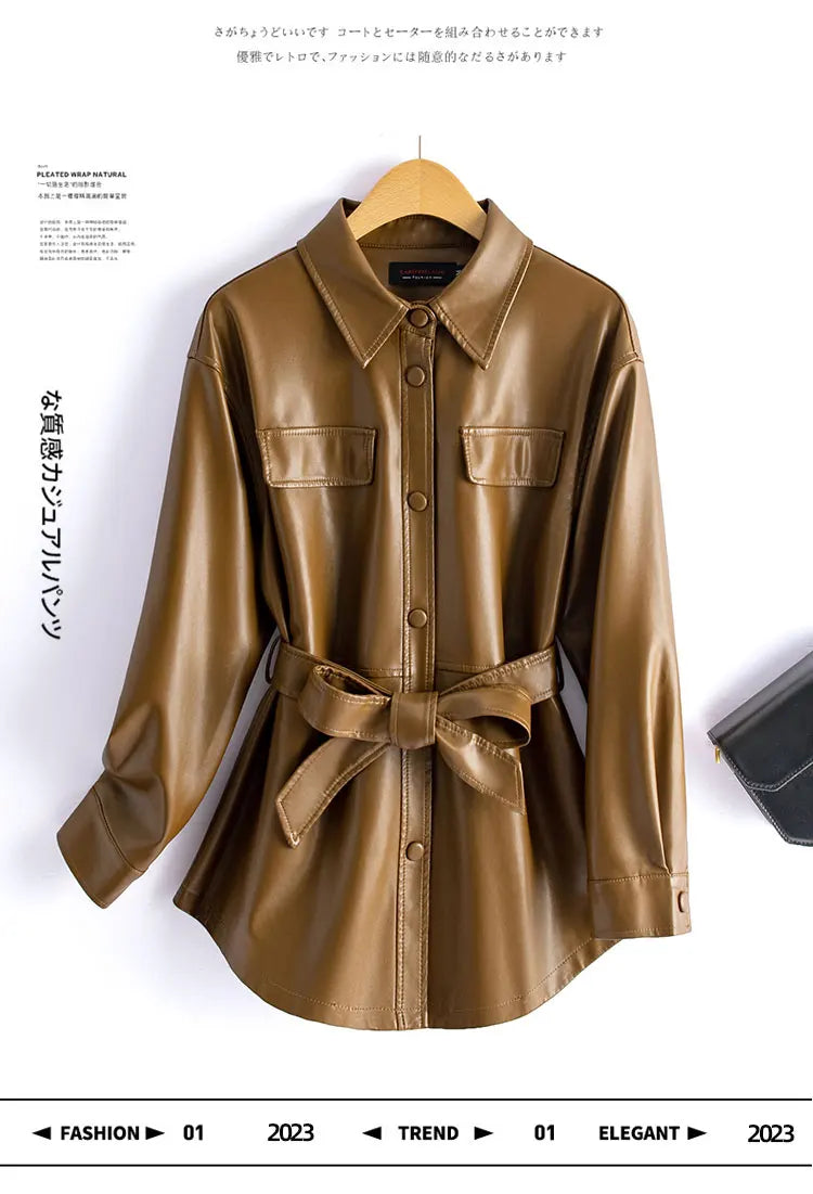 Sheepskin Leather Jacket Women Fashion Irregular Turn-down Collar Lace-up Belt Chic Office Ladies Real Split Leather Jacket Coat