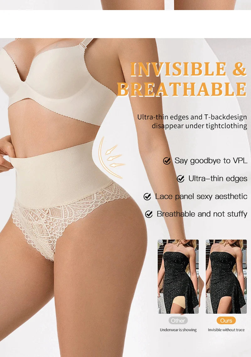Thong Shapewear for Women Tummy Control Seamless Lace High Waist Thong Body Shaper Underwear
