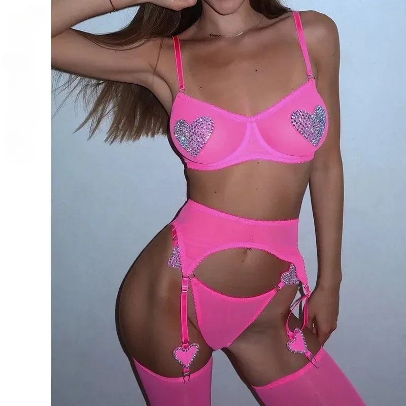 Lingerie Sets Fancy Sexy Bra Belt Thong 3PC with Leg Circles Romantic Heart Rhinestone Women Underwear Women's