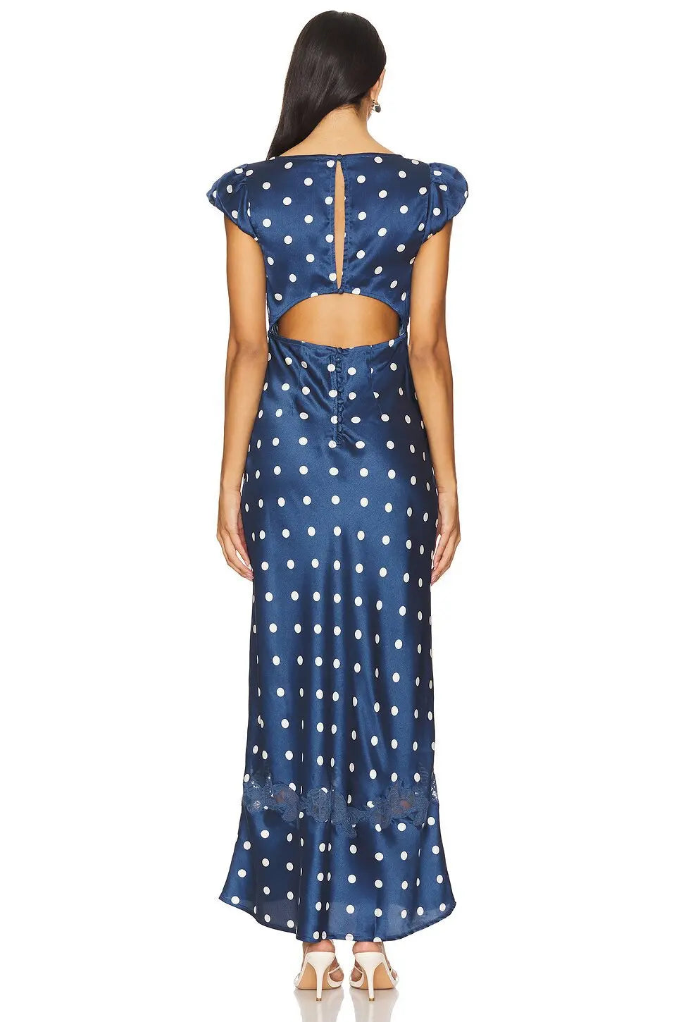 Luxurious Silk Satin Long Dress Elegant Puff Sleeve Polka Dot Floral Gown Sexy Open Back Midi Dresses for Evening Cocktail