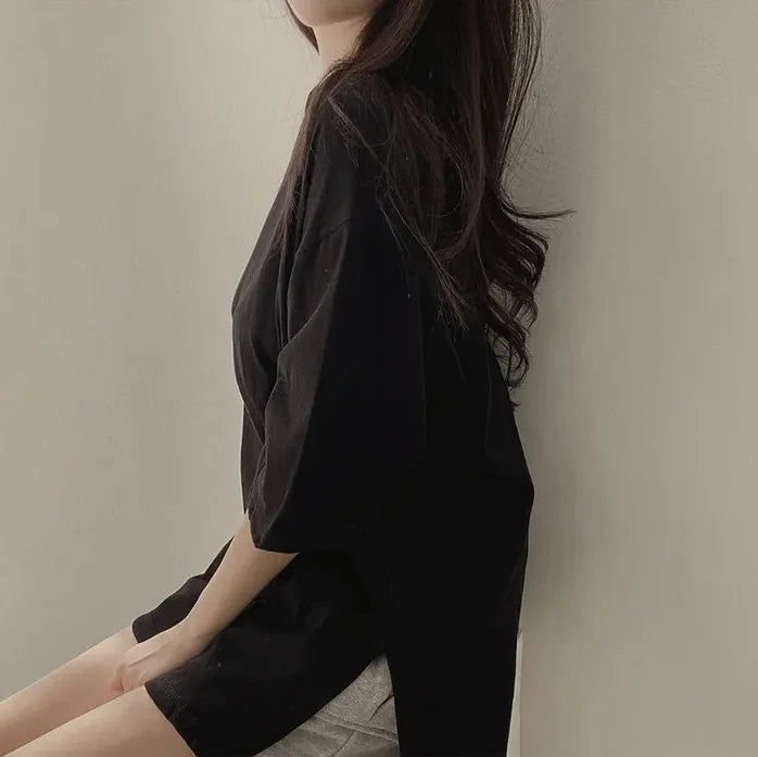 T-shirt for Women in Summer 2025 Slit Black Top Ins Pure Cotton Cotton Mother Simple Loose Long Short Sleeve High Elastic