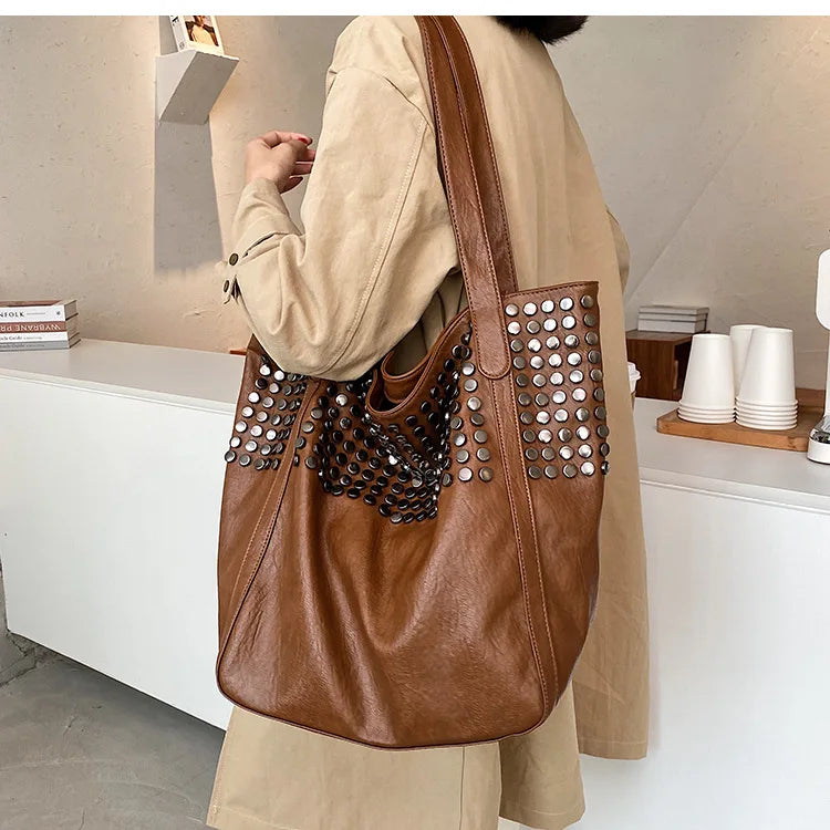 Casual Women Handbag And Purse Large Capacity Tote Bag High Quality Lady Bag Vintag Soft Pu Leather Rivet Shoulder Bags