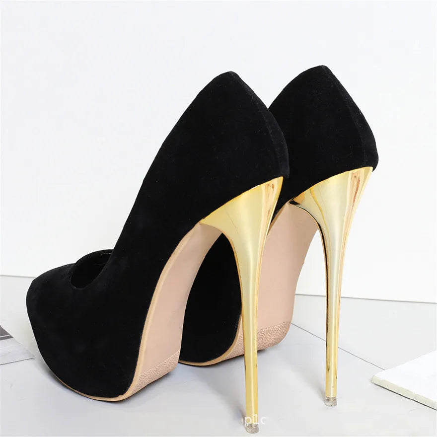 Women Red Wedding Shoes Autumn Fashion Platform Shallow Female Pumps Soft Flock Round Toe Super High Heels Party Shoe Size 41-47