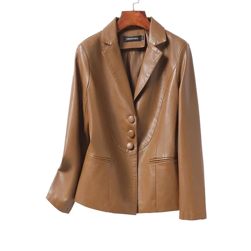 2024 New Women's Sheepskin Leather Jackets Fashion Lapel Collar Single-breasted Office Ladies Slim Casual Short Blazer Coats