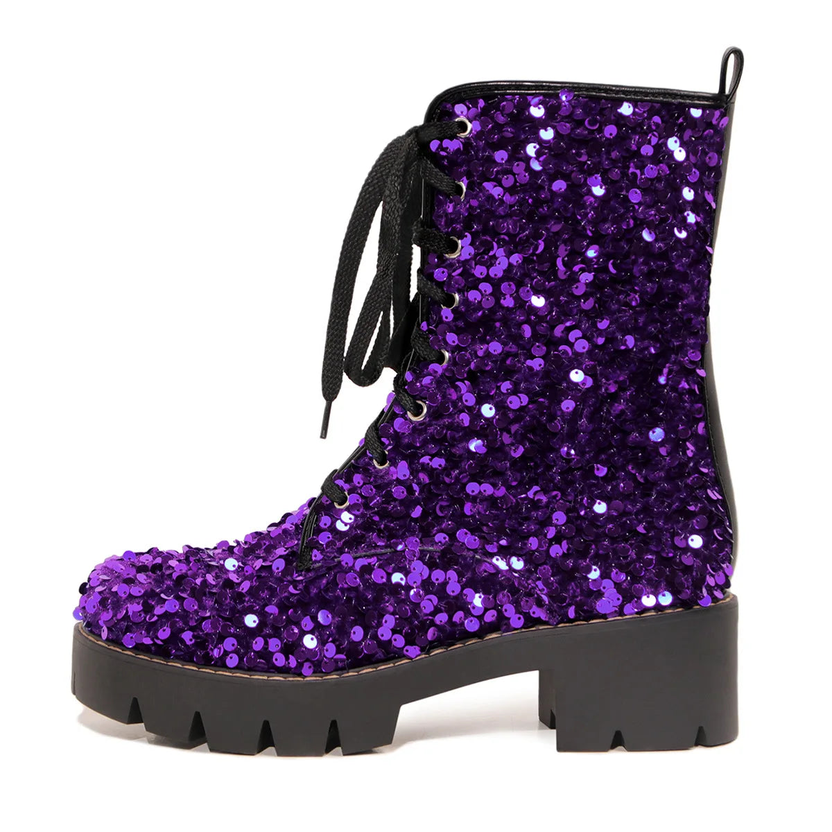 2025 New Fashion Women Shoes Front Lace Up Sequin Short Boots Coarse Heel Stage Show Ankle Boots Ladies Party Casual Short Boots