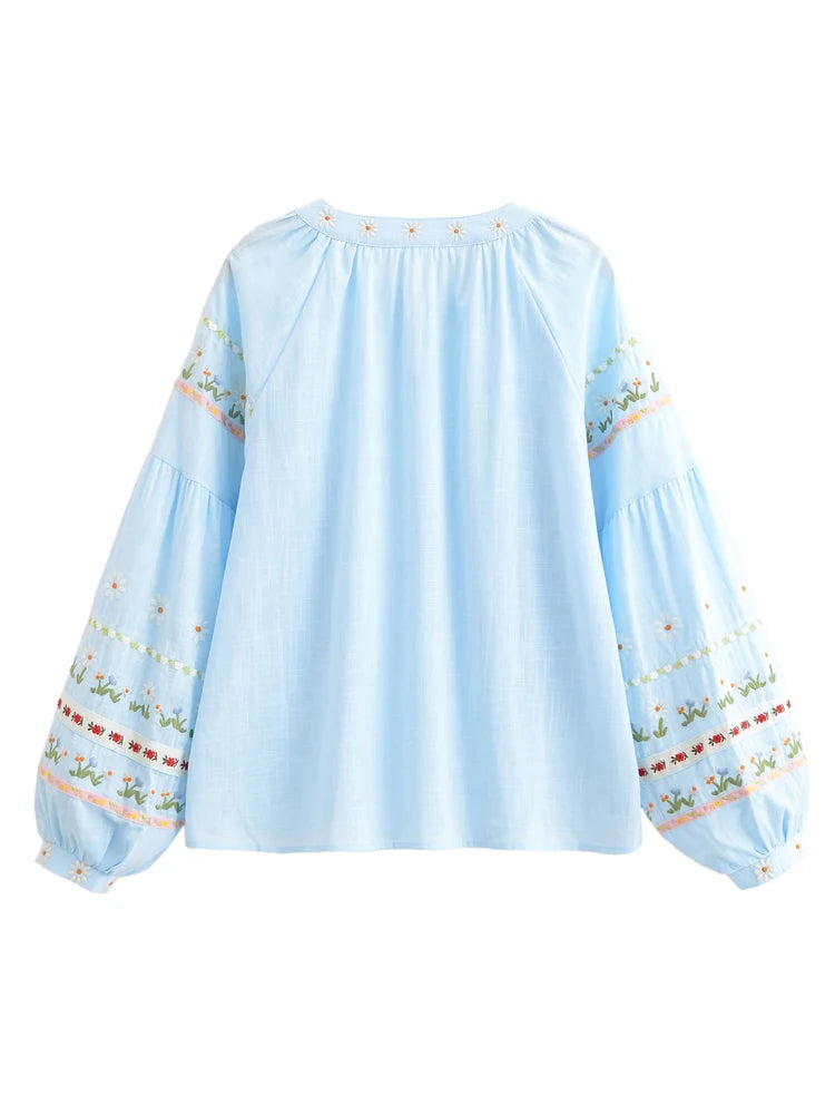 Retro Vintage Fashion Women Floral Embroidery Linen Cotton Beach Bohemian Blouse Shirts Tops Long Sleeve Loose Boho Blusas