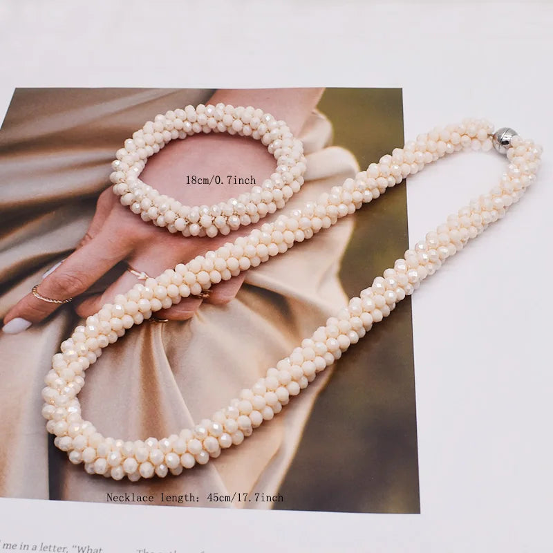 New Woven Bead Necklace Glass Beaded Bohemian Statement Necklace Bracelet Hair Accessory Set For Women Jewelry Gift