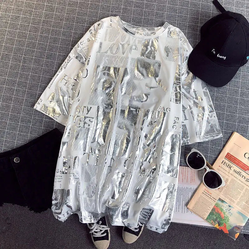 Summer New Style Cec Women's Oversized Loose Short Sleeve T-Shirt Harajuku Style Street Fashion round Neck Mid-Length Top