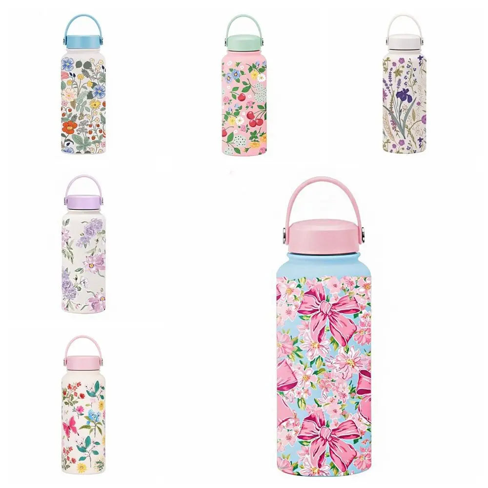 Gift INS Insulated Water Bottle 1L Portable Thermal Water Bottle Leak-proof Large Capacity Floral Thermal Cup Household