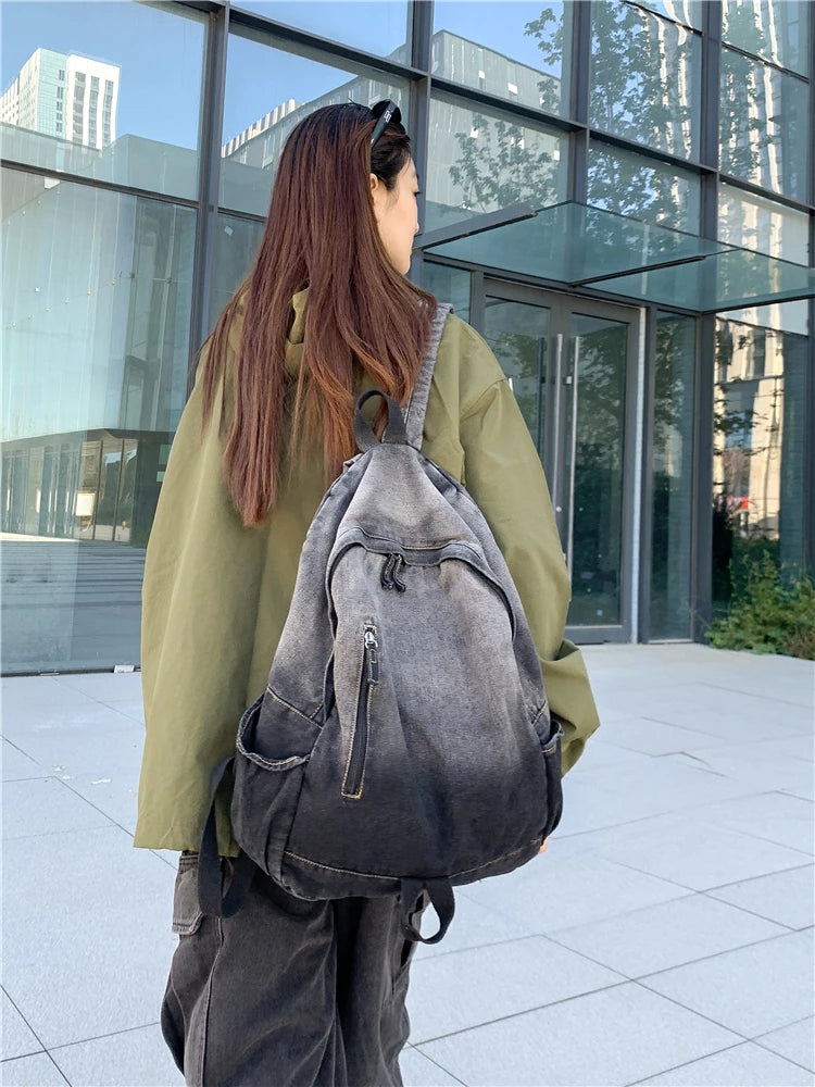 Men's and Women's Backpacks, Student School Bags, Large-Capacity Washed Denim Bags