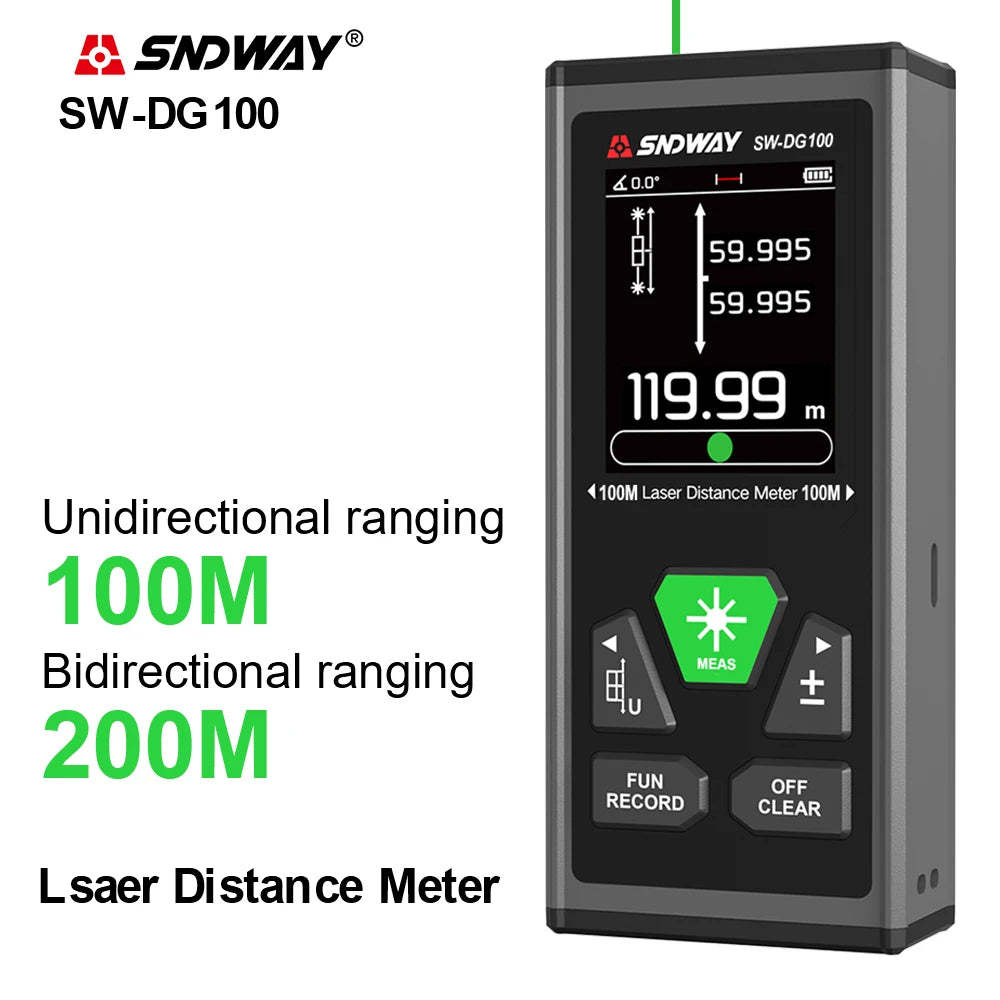 SNDWAY Laser Distance Meter 2 Way Laser Measure Meter 60M 100M Rangefinder Red Green Laser Two-way Range Finder SW-DG60