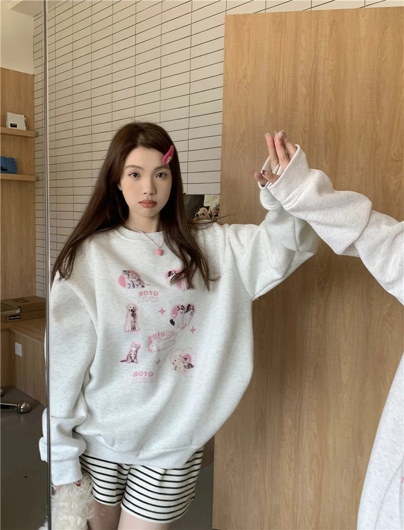 KOSAHIKI Cute Hoodies Women Letter Dog Print Sudaderas Mujer O-neck Sweatshirt Harajuku Streetwear Y2k Pullover Moletom Feminino