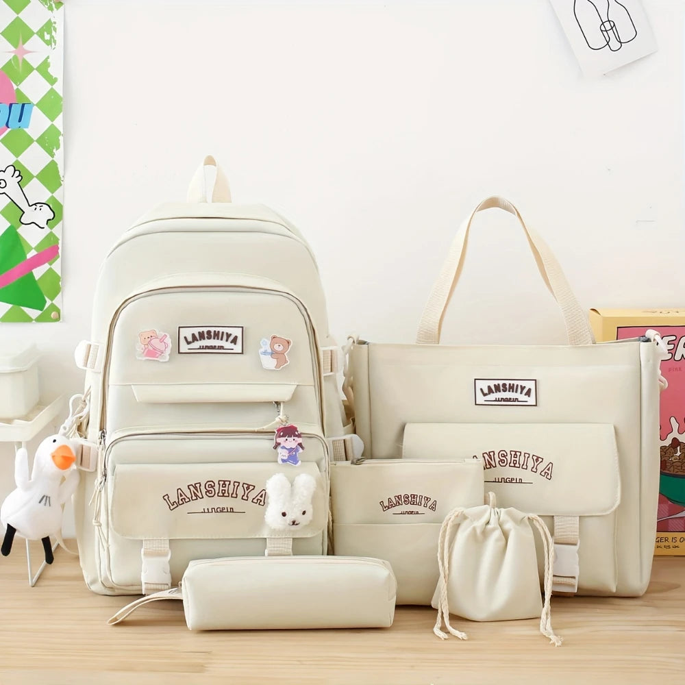 Solid Colored Teenager'S Backpack Set, Large Capacity Double Shoulder Bag, Easy Handbag And Coin Purse, Casual Crossbody Bag etc