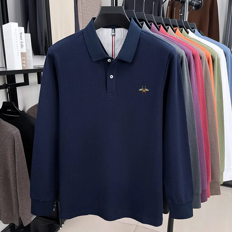 100% pure cotton high-end luxury brand men's long sleeved polo shirt autumn fashion hot selling bee embroidery casual T-shirt