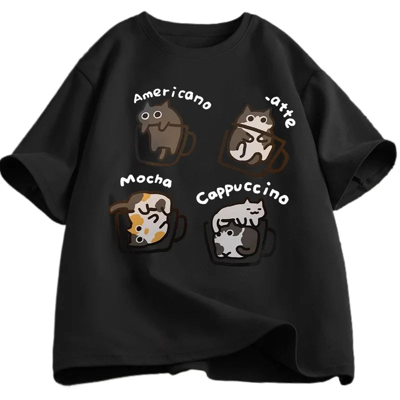 Men's Pure Cotton T-shirt From 2025, Coffee Cat, Is Comfortable, Breathable and Of High Quality. It's for Beach Travel, Parties