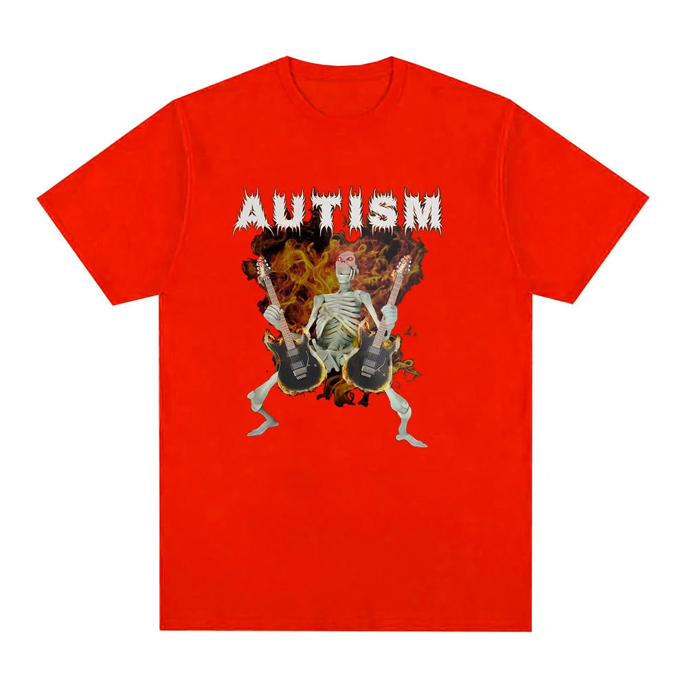 Autism Funny Skeleton meme Print Crew Neck T-shirt, Casual Loose Short Sleeve Fashion Summer T-Shirts Tops, Women's Clothing