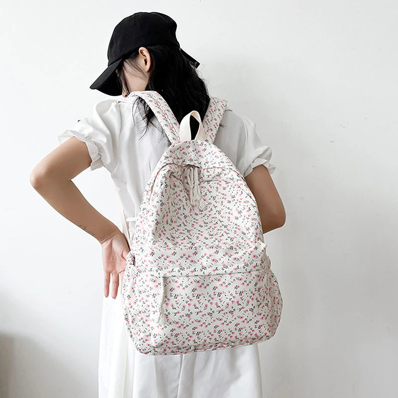 Student School Backpack Floral White School Bags For Teenage Girls Cute Women's Backpack Book Bag Nylon Rucksack