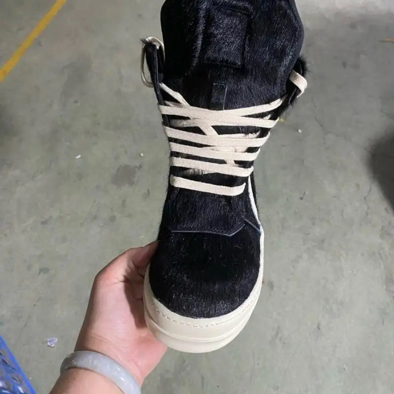 Ro Luxury Men Ankle Boot Black Horsehair Boots Women Sneaker Horse Hair High Top Shoe  Casual Shoes Zipper Sneakers