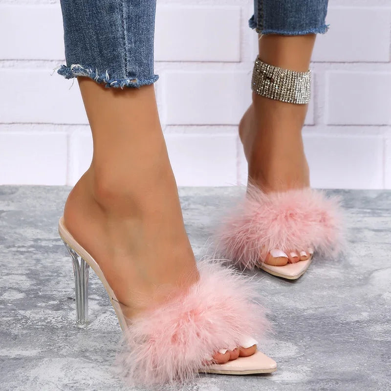 Women's Slippers 2024 Pink Feather Peep Toe Pointed Slippers Sexy Slip on Clear Heel Slides Women Thin Heels Summer Footwear