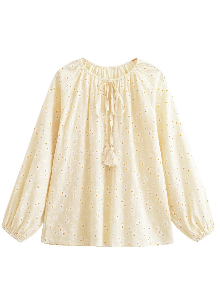 Retro Vintage Fashion Women daisy Floral Embroidery Linen Cotton Beach Bohemian Blouse Shirts Tops Long Sleeve Loose Boho Blusas