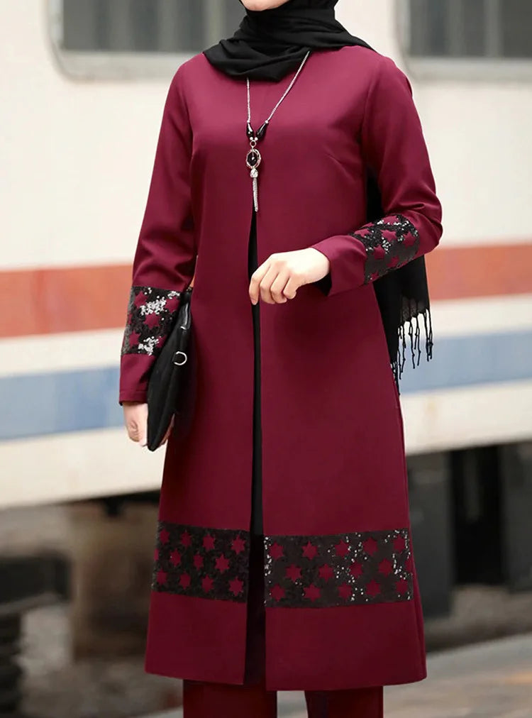 Islamic Ramadan Eid Muslim Dress Women 2 Piece Corset Suit Shirt Wide Leg Pants Dubai Abaya Lace Up Solid Color Kaftan Clothing