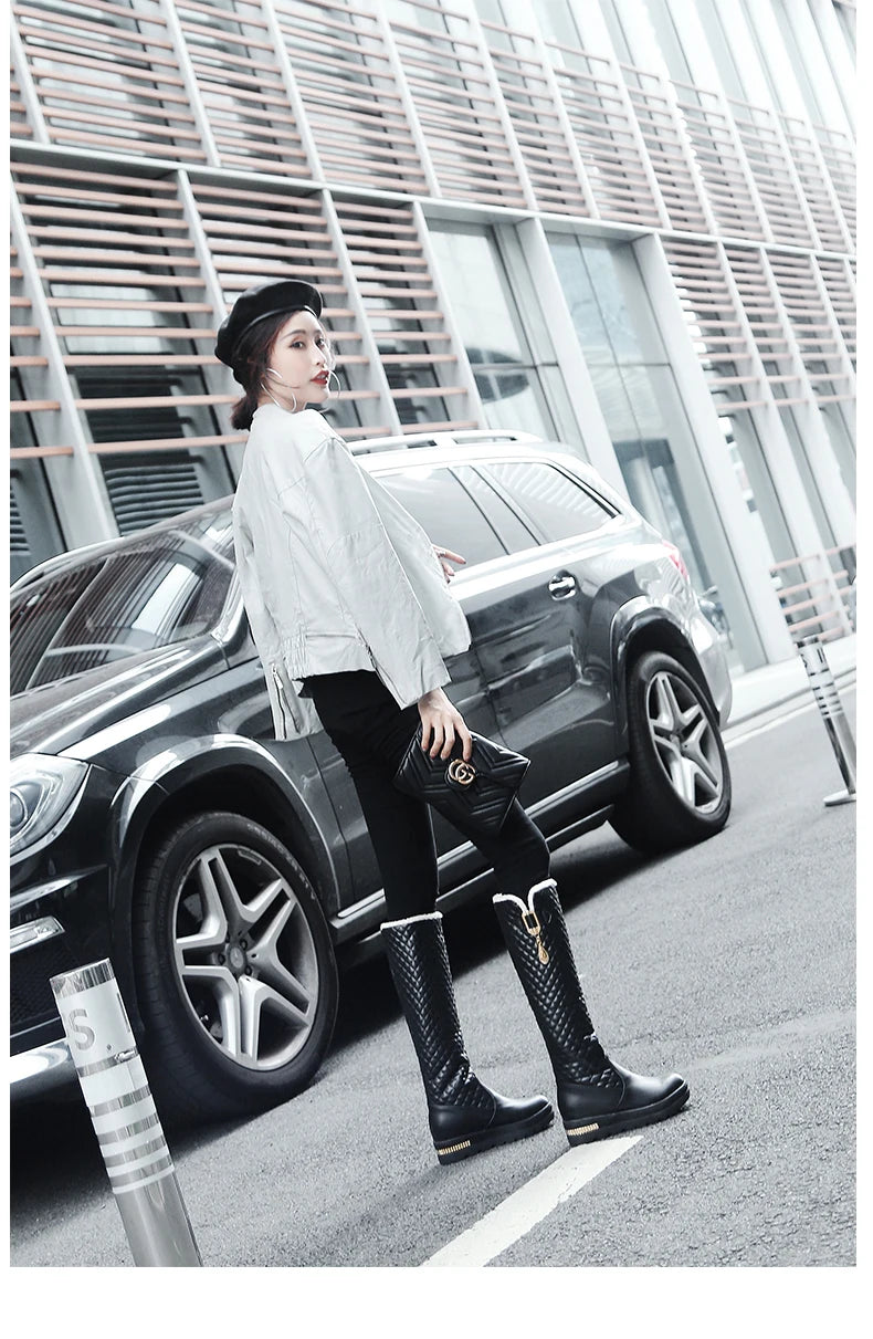 Raised Checkerboard With Metal Square Buckle Warmth Plush Lining Women's Snow Boots Flat Bottoms Elevated Knee Length Boots
