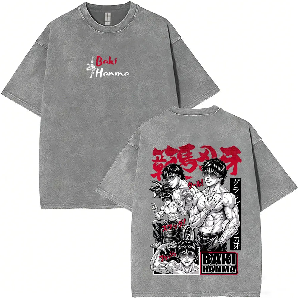 Washed Vintage Anime Baki Hanma Wake Up T-shirt Men Women Retro Manga Oversized T-shirts Men's Casual Cotton T Shirts Streetwear